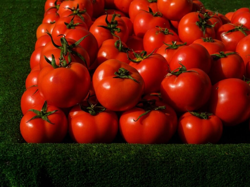 Fresh red tomatoes with green leaves on wooden table – टमाटर के सेहतमंद फायदे | Tomato Benefits for Skin, Heart & Immunity